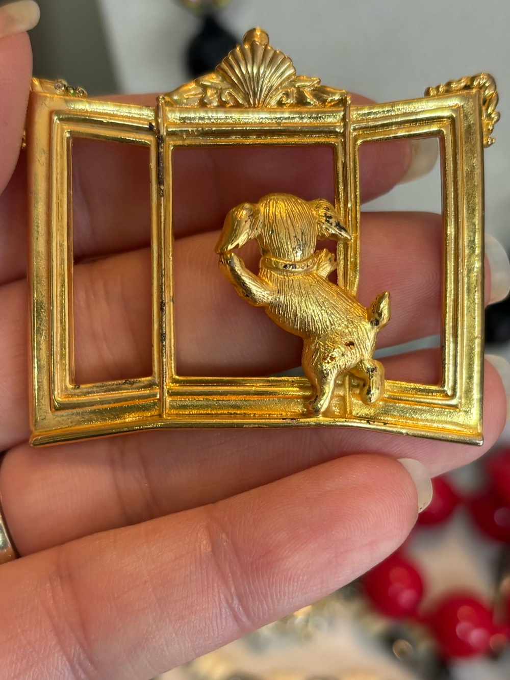 Vintage JJ Dog Looking Through Window Brooch